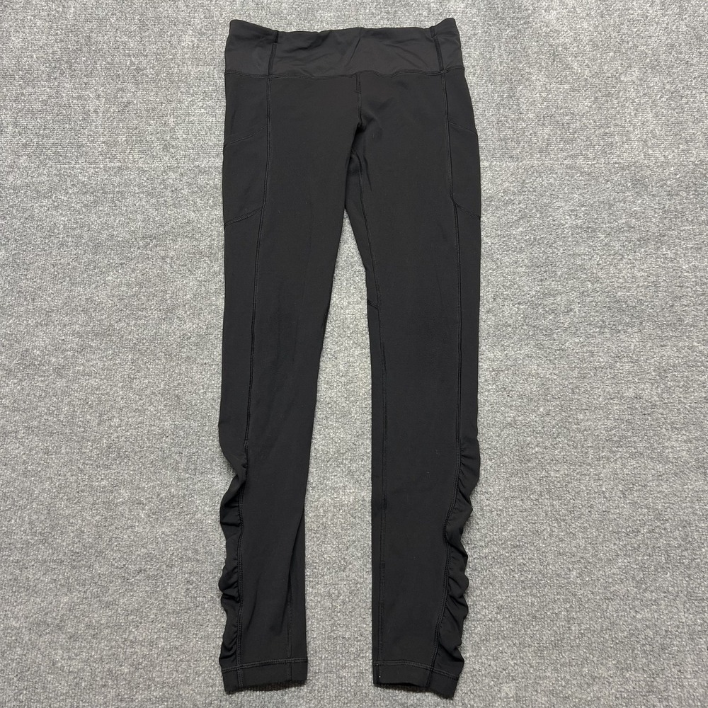 Lululemon Leggings Womens 6 Black Mid Rise Ankle Ruched Sides Yoga Gym Running